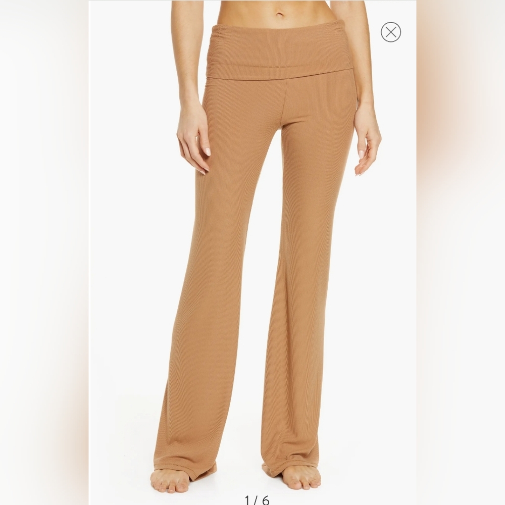 SKIMS Soft Lounge Foldover Pants in camel Wide Leg Ribbed knit Small Pull On